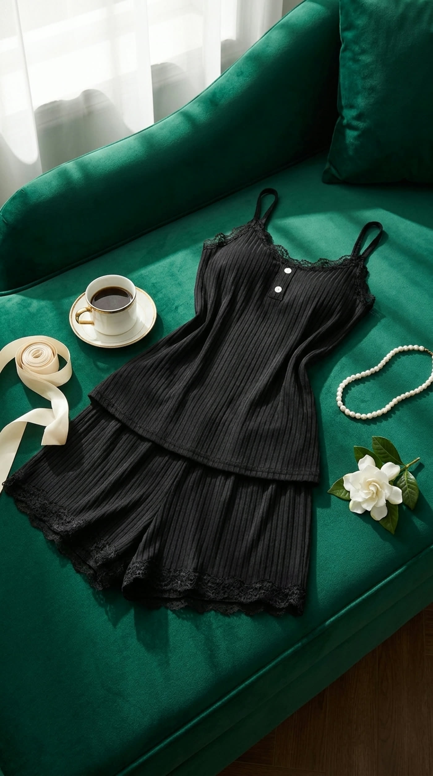 Black ribbed lace-trim set styled on emerald velvet with pearls and coffee