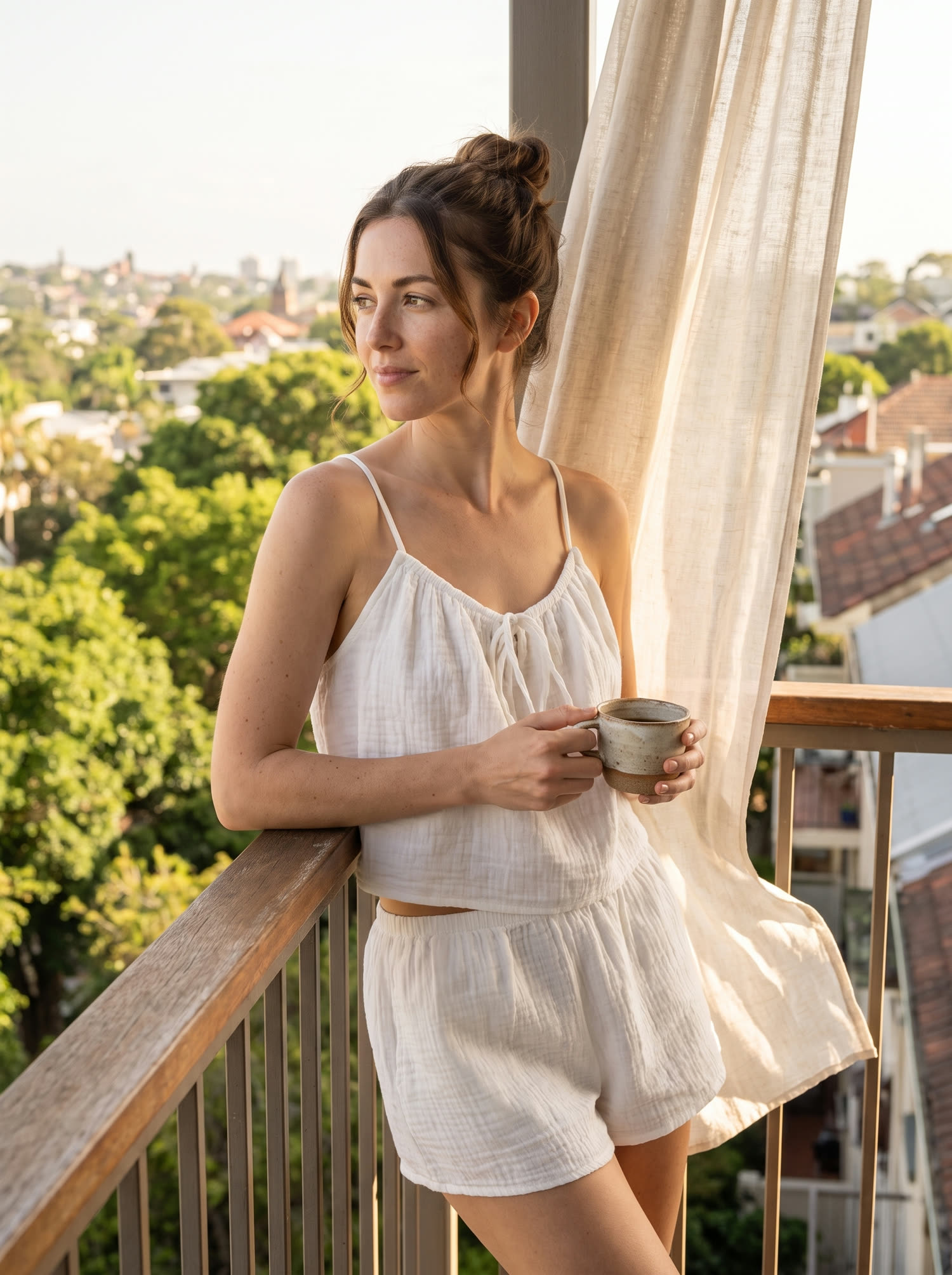 Morning: white crinkle-weave set on a sunlit Sydney balcony