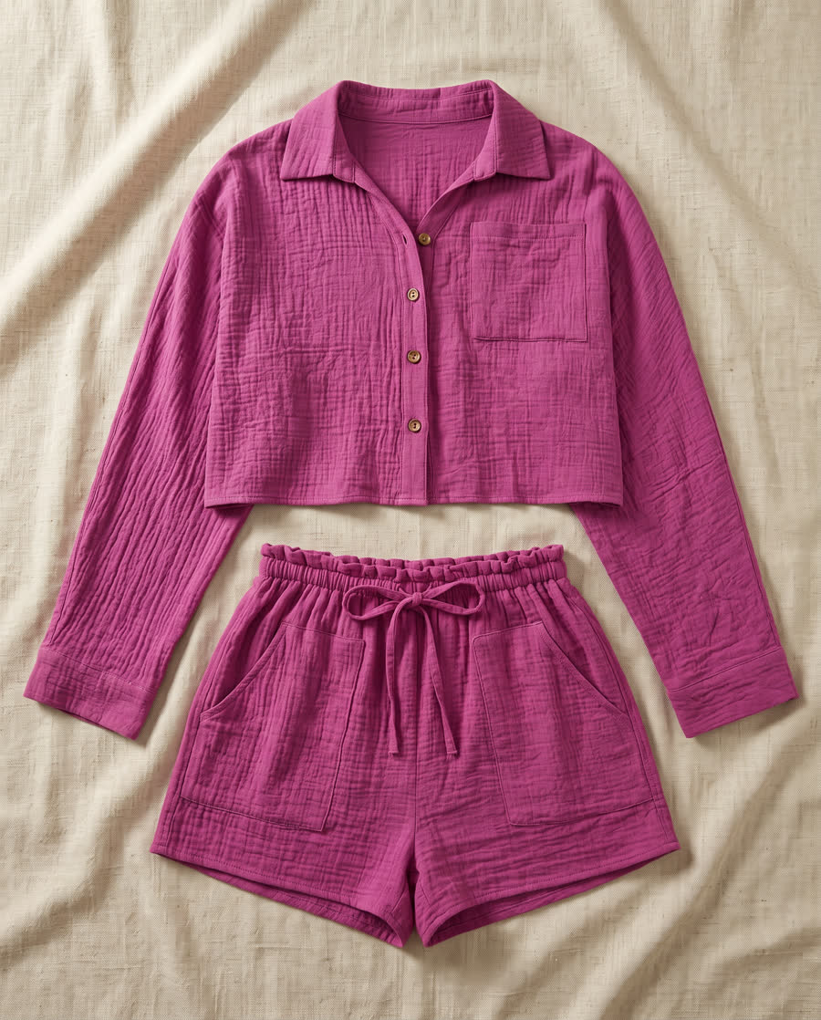 Buttoned long sleeve top and shorts lounge set