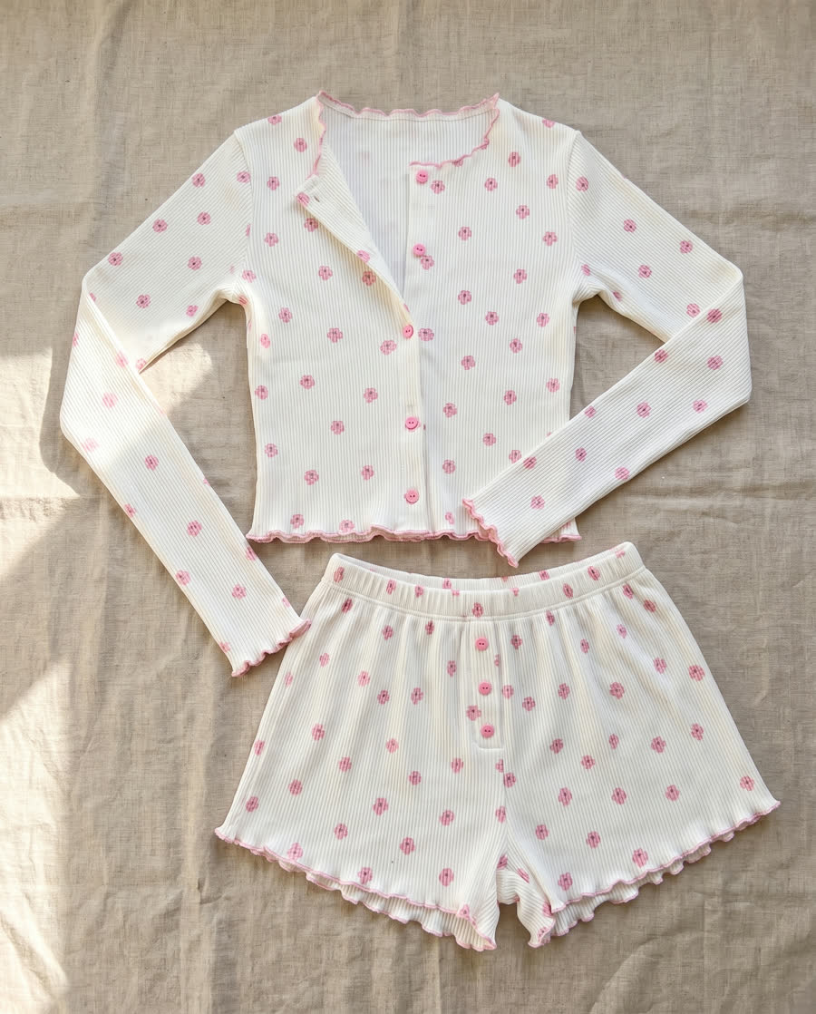 Floral print ribbed knit top and shorts set