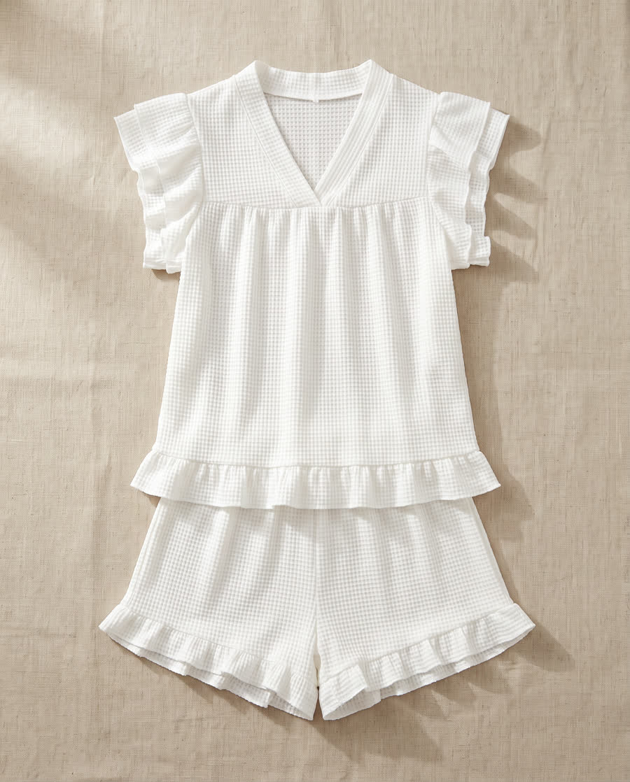 White waffle short sleeve top and shorts set