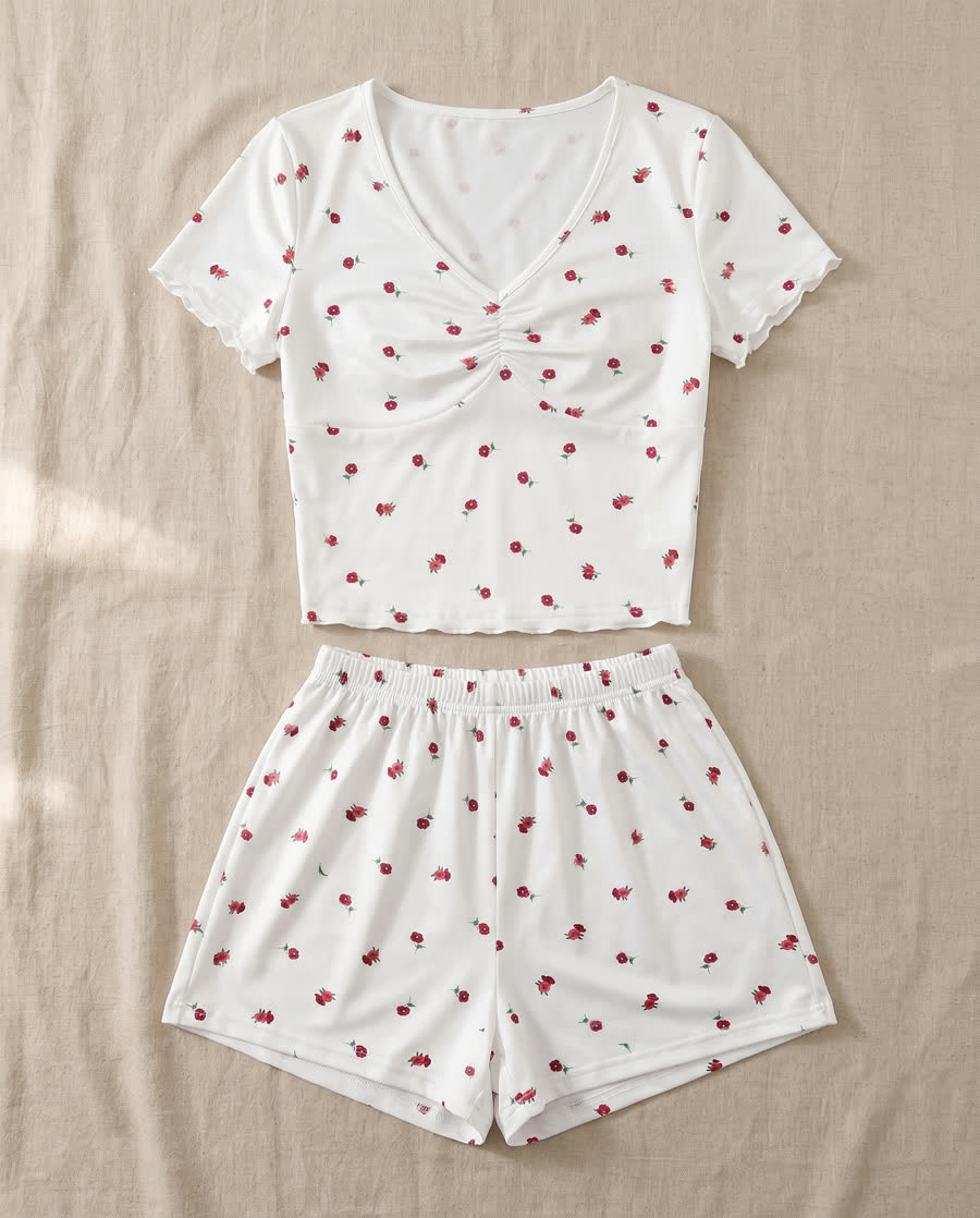 White ruched tee and shorts set with red rose print