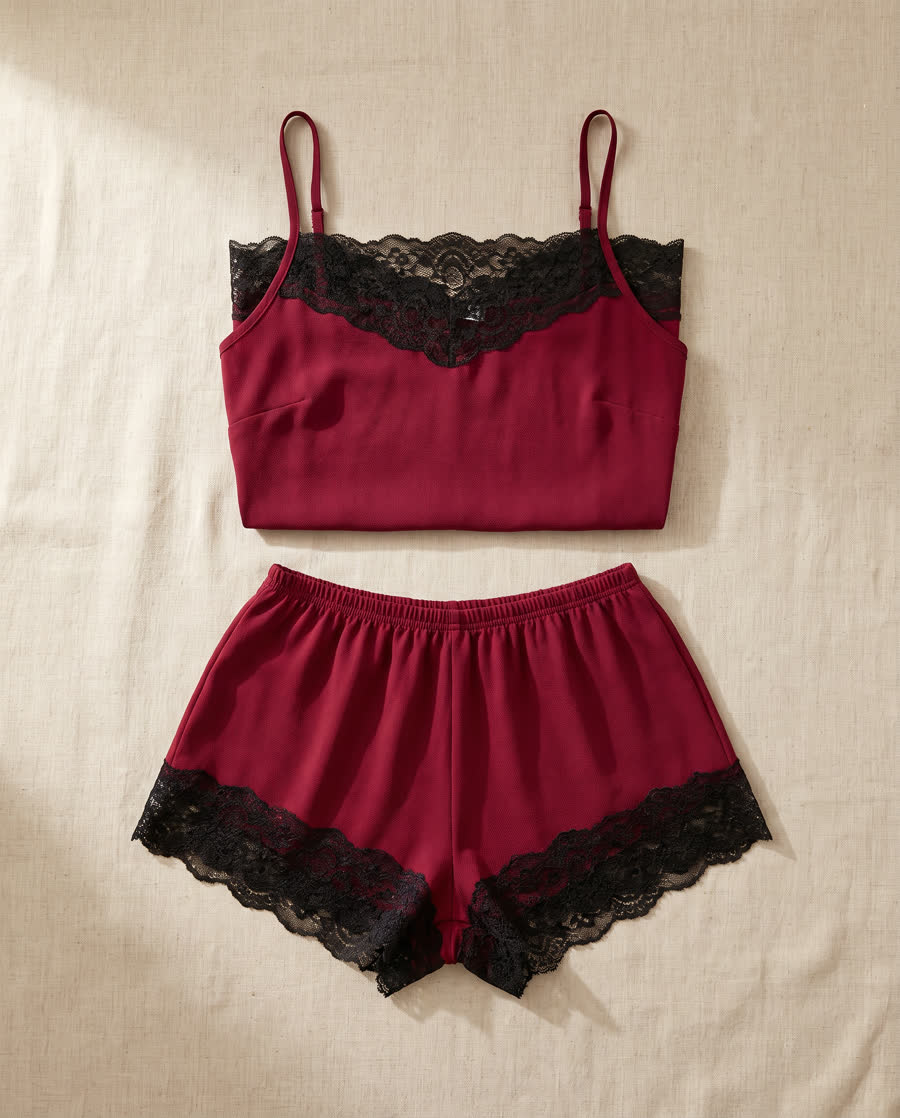 Wine red cami and shorts with black lace trim