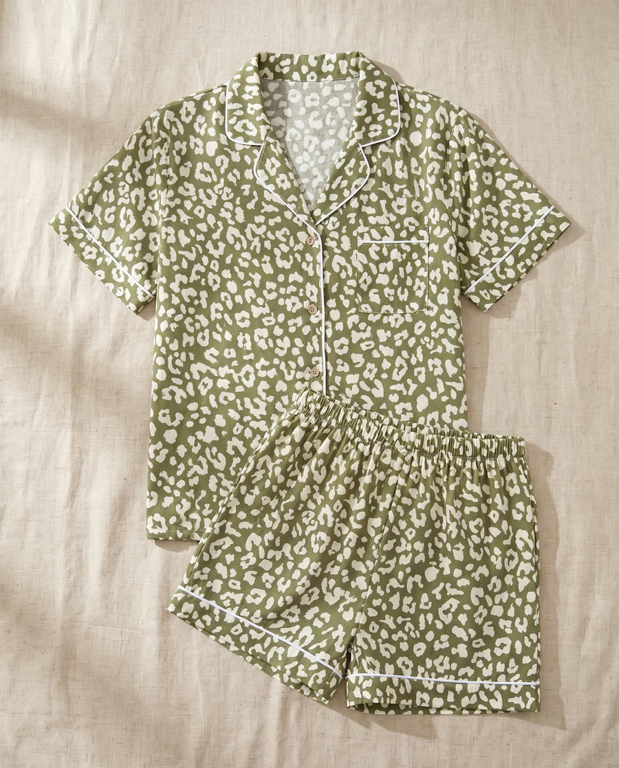 Olive leopard print short sleeve pyjama set
