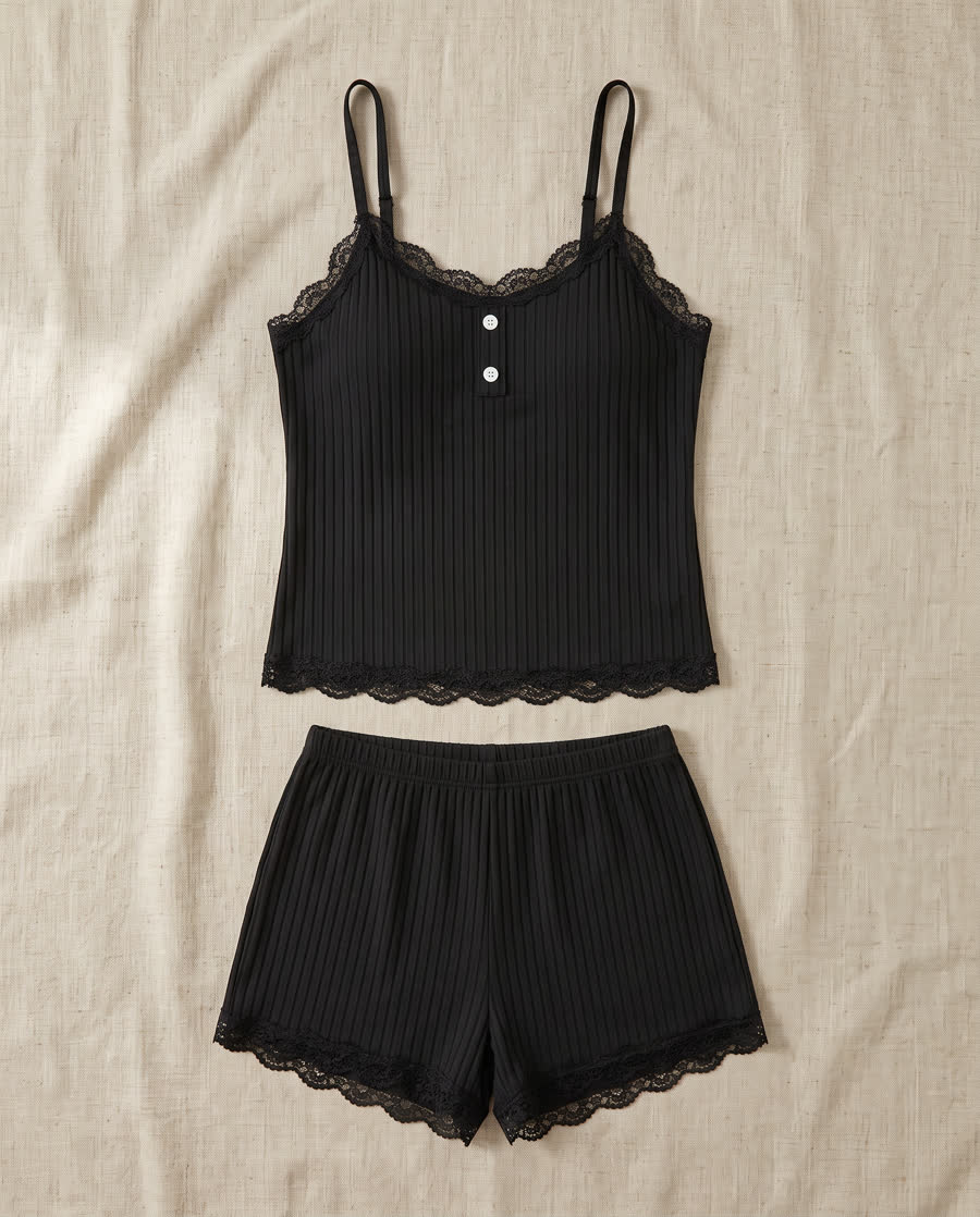 Black ribbed cami and shorts set with scalloped lace trim