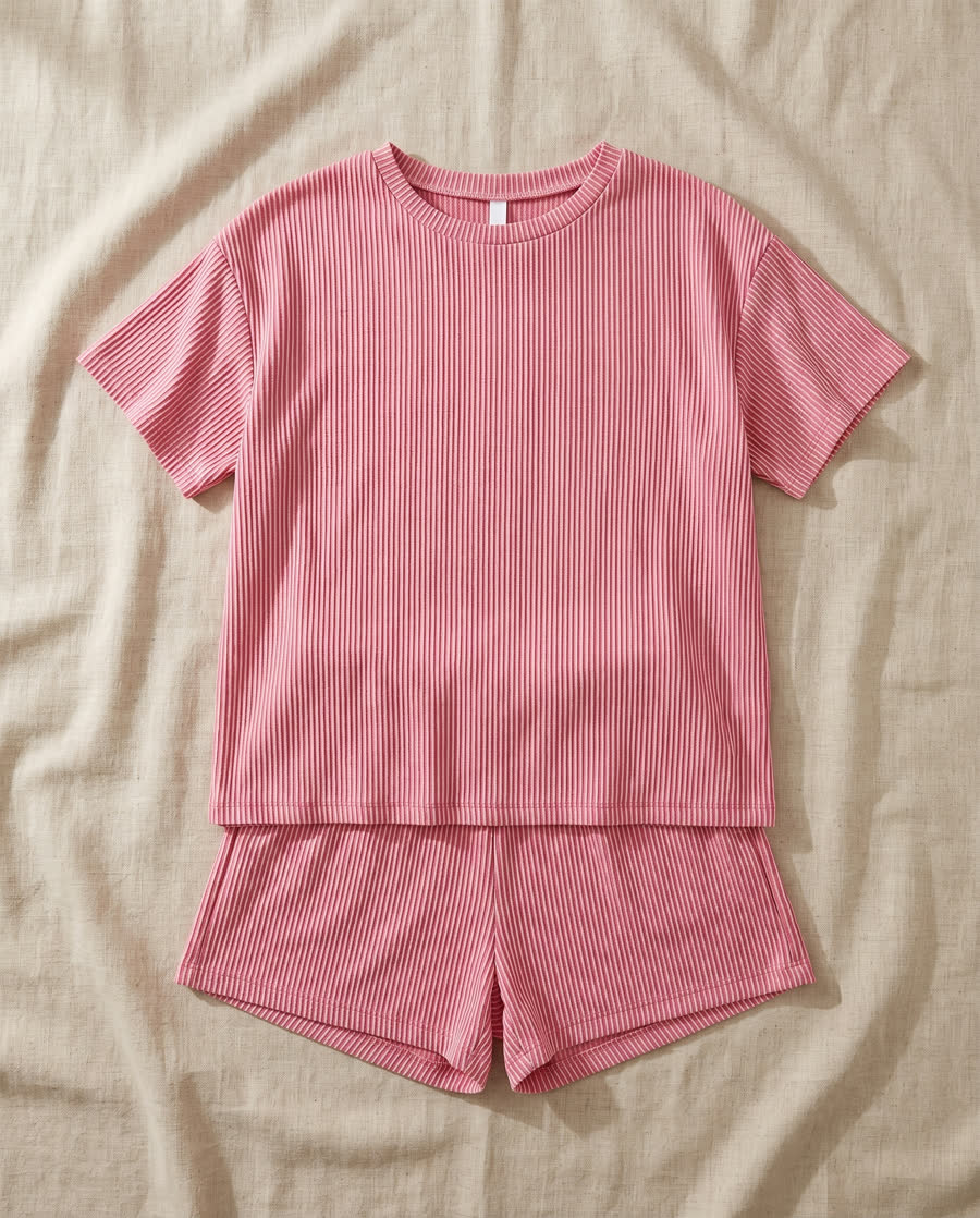 Ribbed short sleeve top and shorts two-piece set