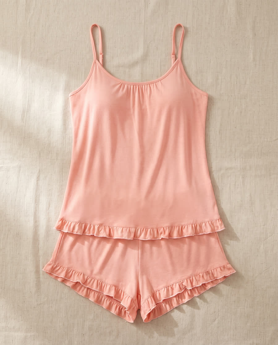 Soft coral scoop neck cami and ruffle-hem shorts set
