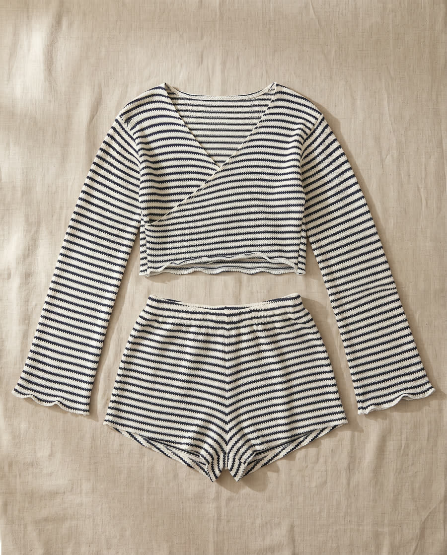 Black and cream striped long sleeve top and shorts set