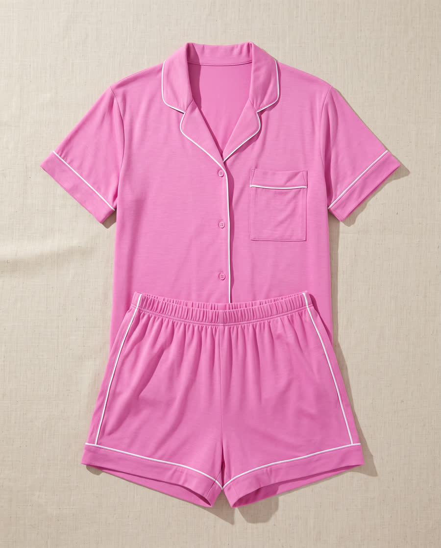 Pink button-down short sleeve top and shorts set